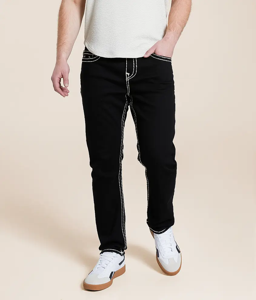 True Luck mens straight stretch jeans black denim red white thread classic fit Euro-Street style premium quality